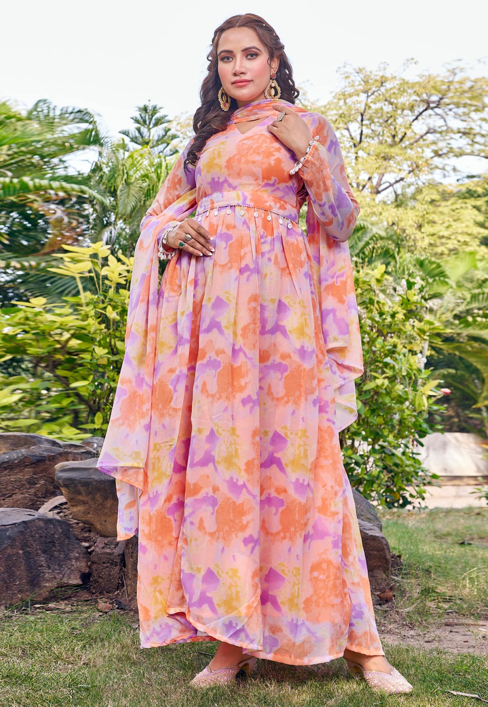 Peach Georgette Readymade Anarkali Suit 328564