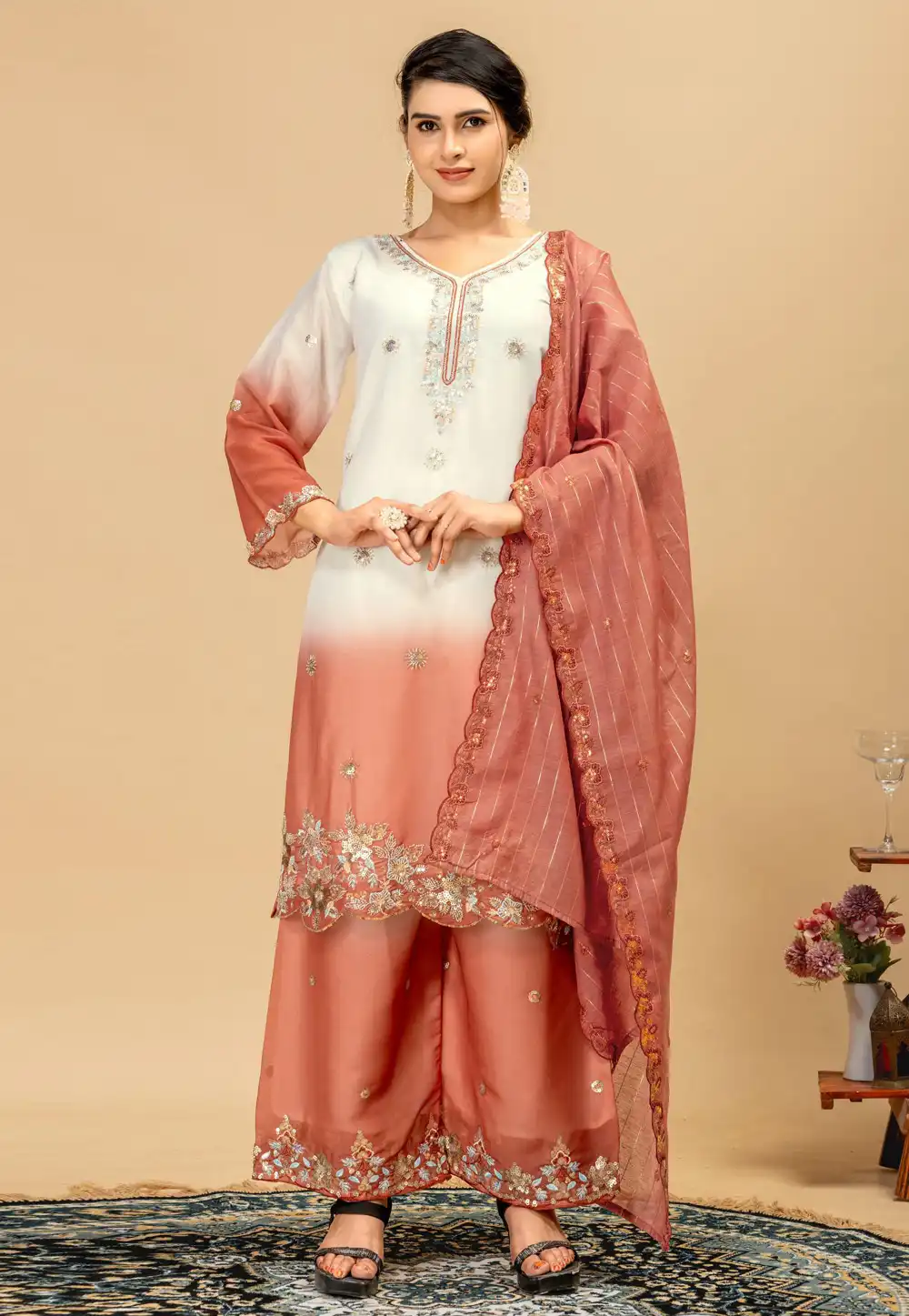 Peach Georgette Readymade Palazzo Suit 330678