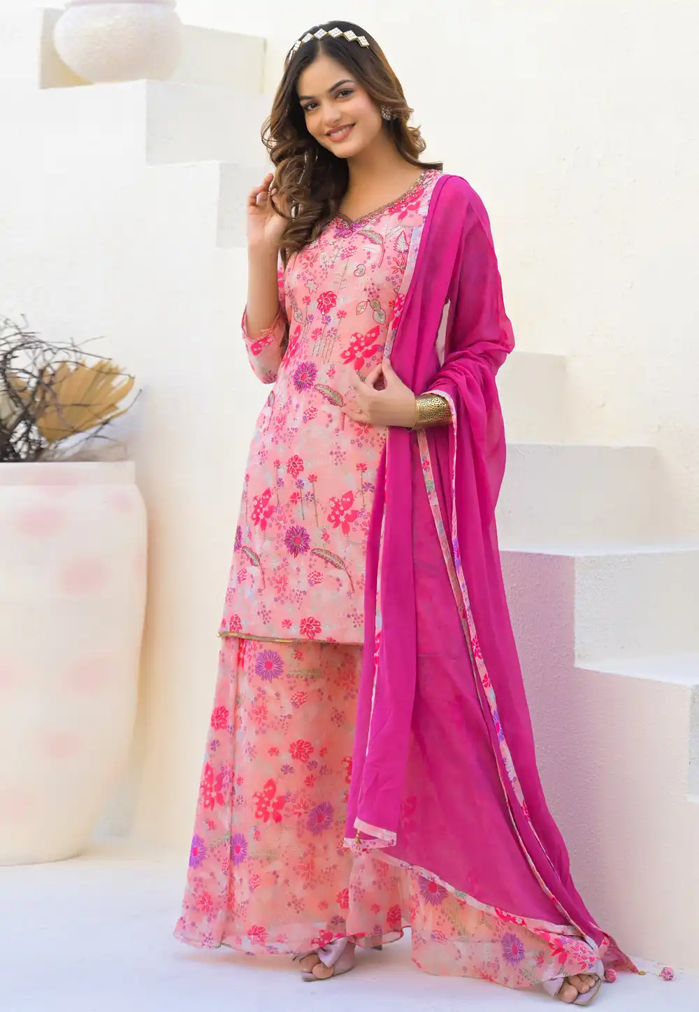 Peach Georgette Readymade Palazzo Suit 310340
