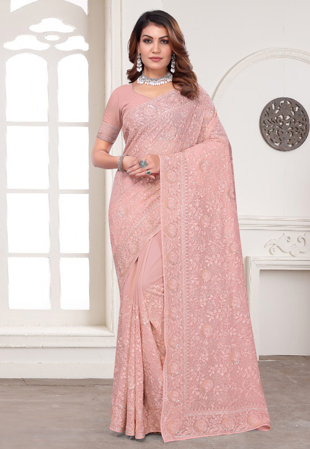 Peach Georgette Saree With Blouse 307785