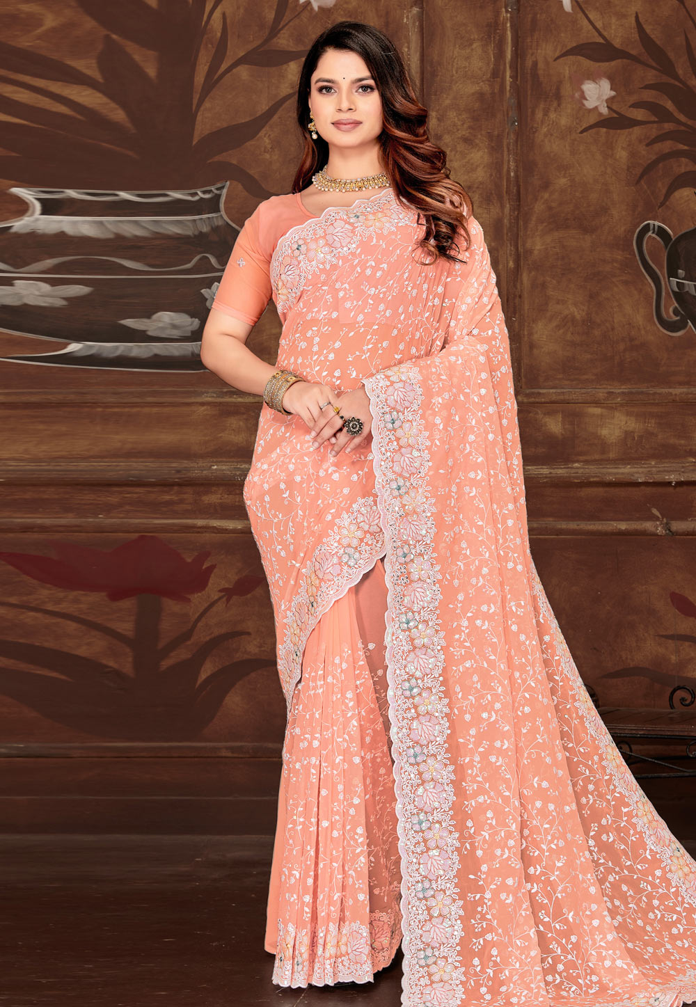 Peach Georgette Saree With Blouse 311296