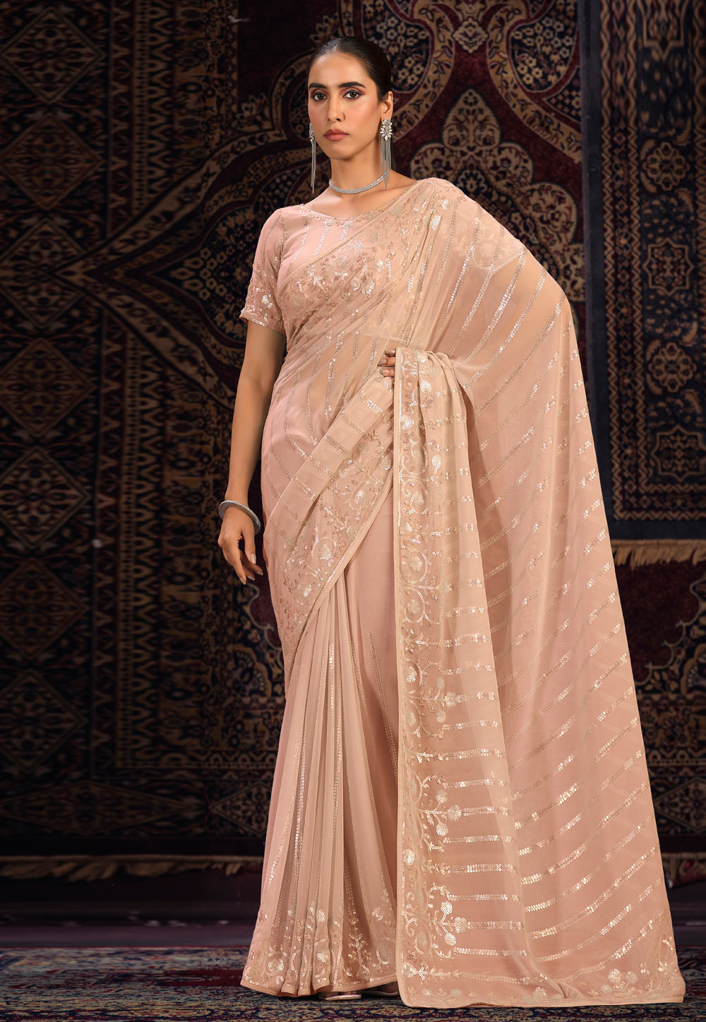 Peach Georgette Sequence Saree 287556