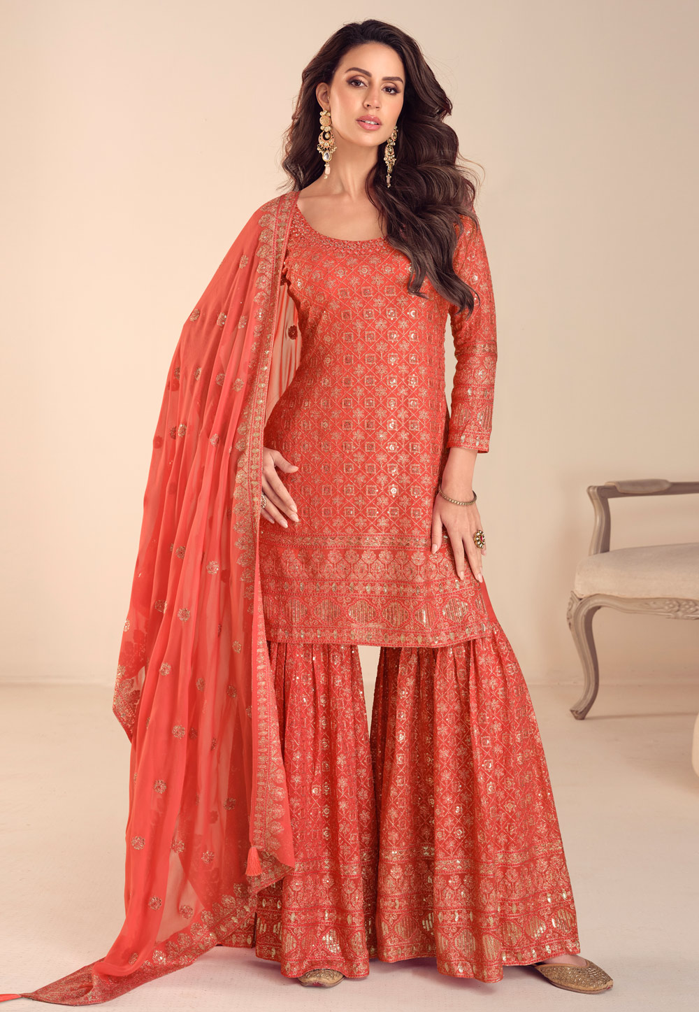 Peach Georgette Sharara Suit 326357
