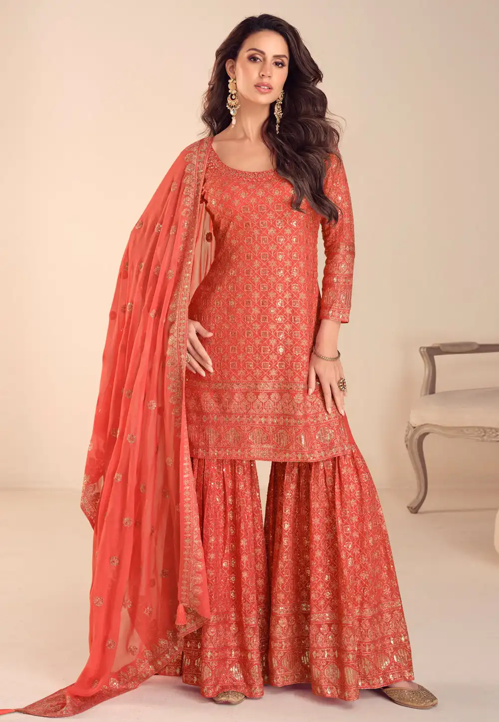 Peach Georgette Sharara Suit 326357