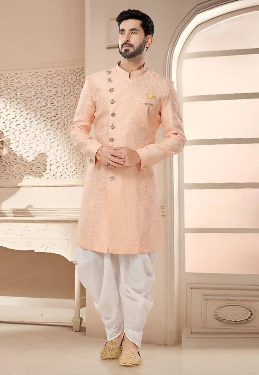 Peach Jacquard Dhoti Sherwani 285769