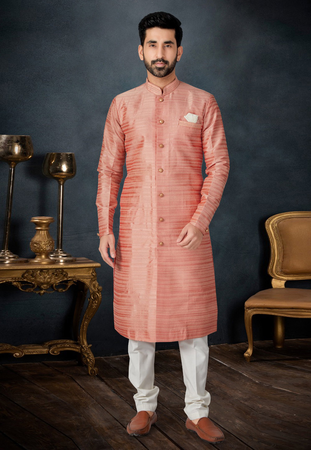 Peach Jacquard Indo Western Suit 282499