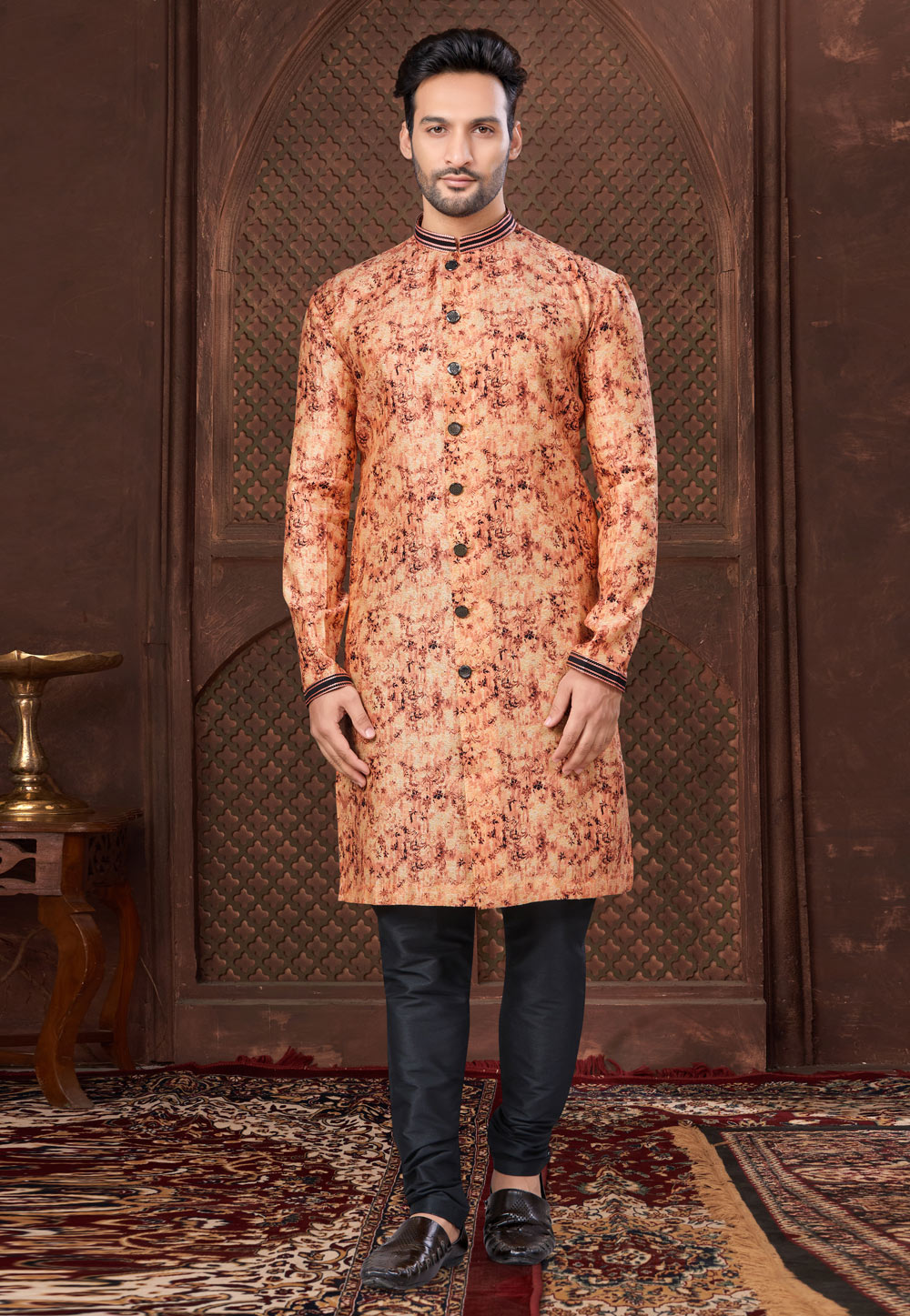 Peach Jacquard Indo Western Suit 307659