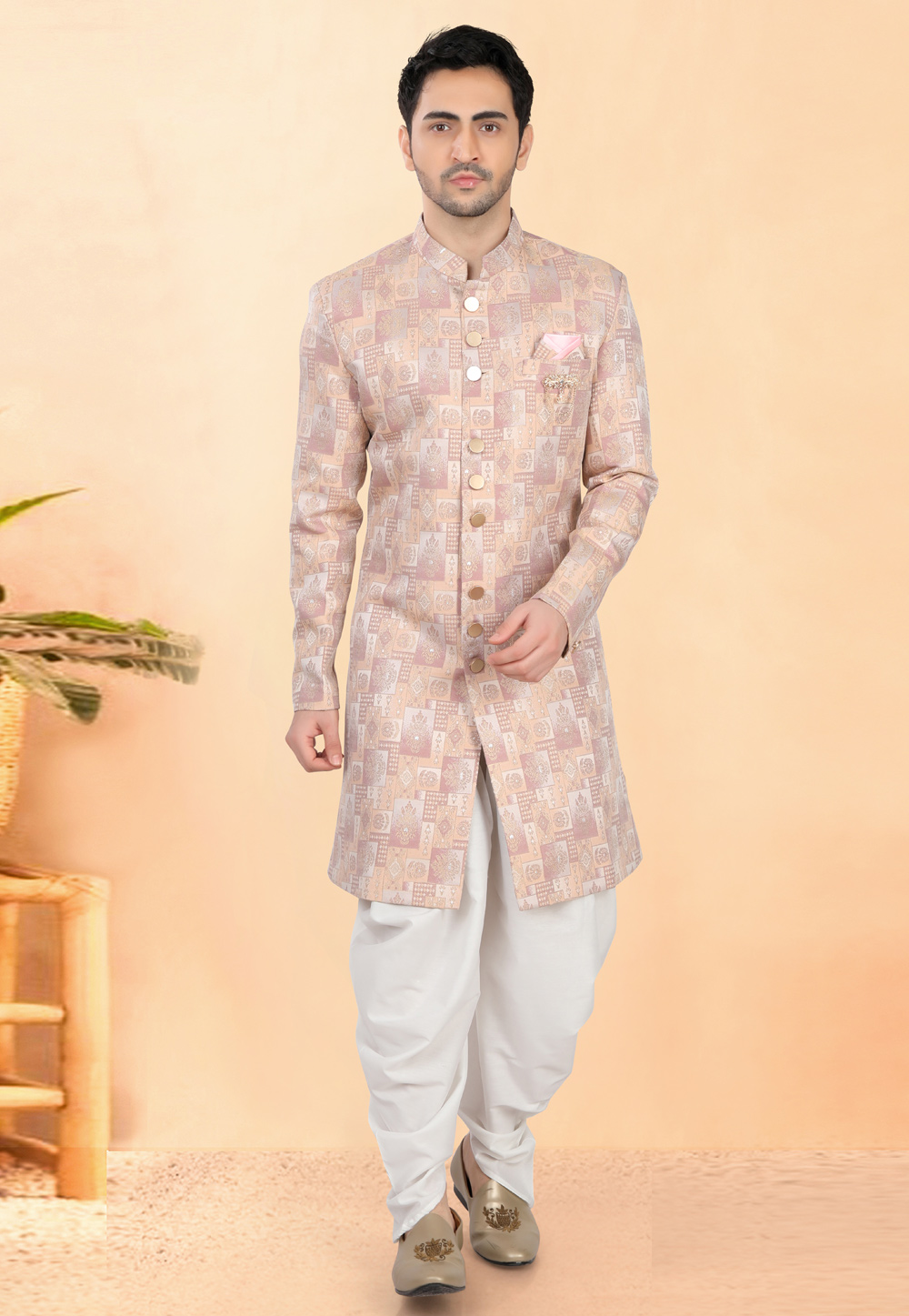 Peach Jacquard Indo Western Suit 308639