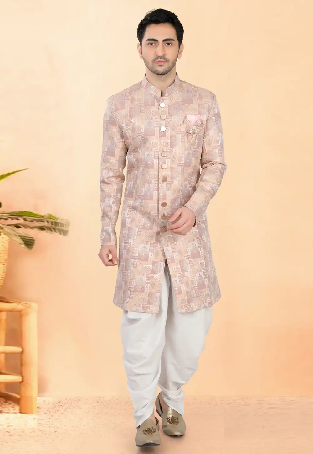 Peach Jacquard Indo Western Suit 308639