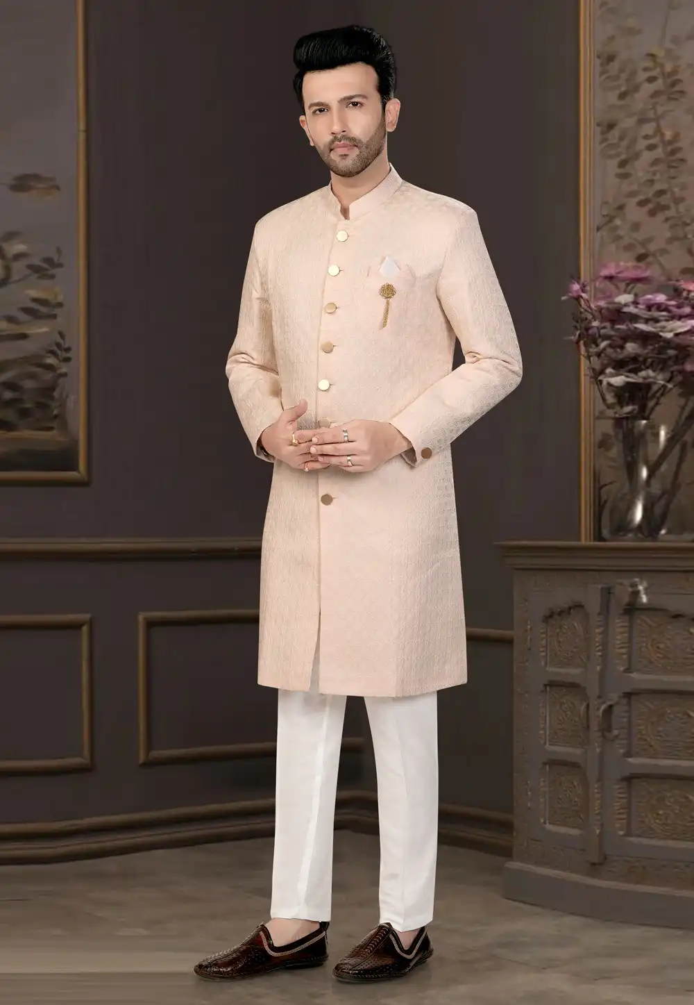 Peach Jacquard Indo Western Suit 316095