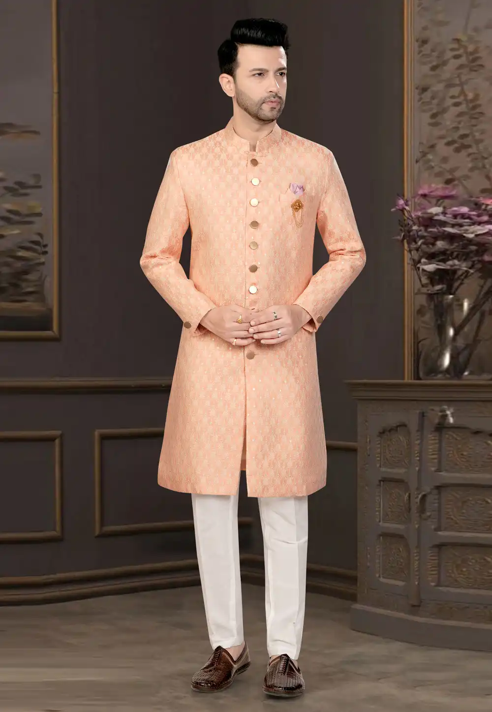 Peach Jacquard Indo Western Suit 316097