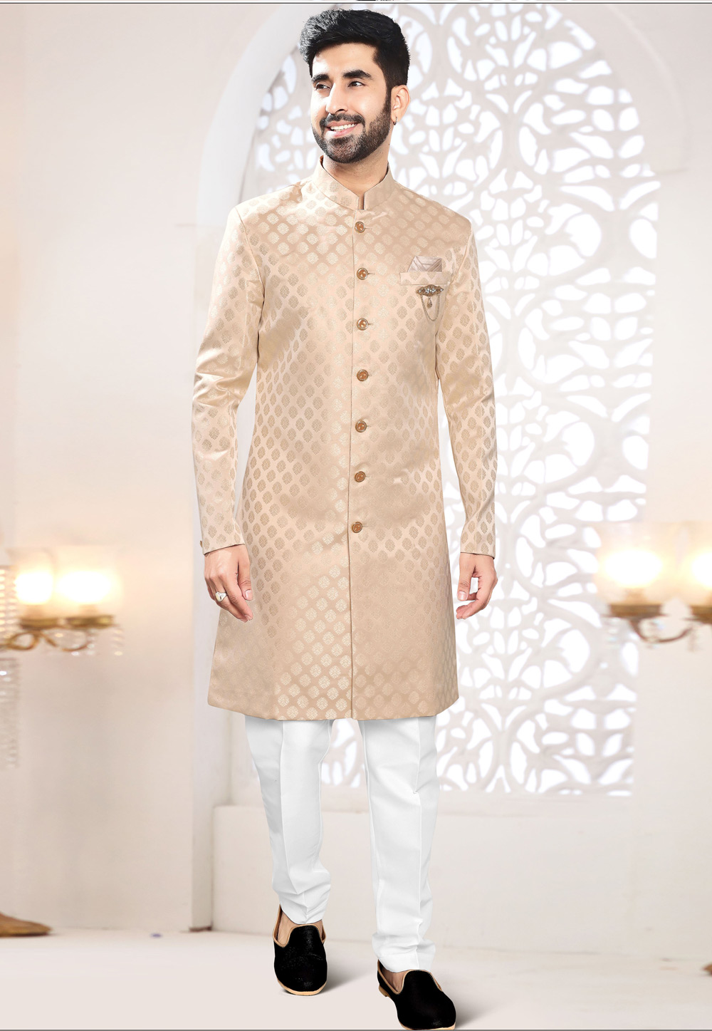 Peach Jacquard Indo Western Suit 306439