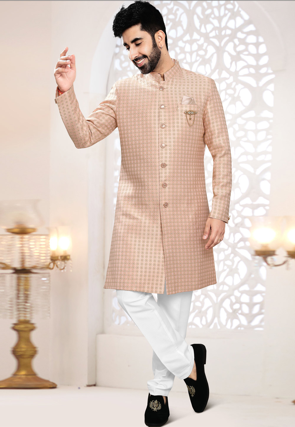 Peach Jacquard Indo Western Suit 306450