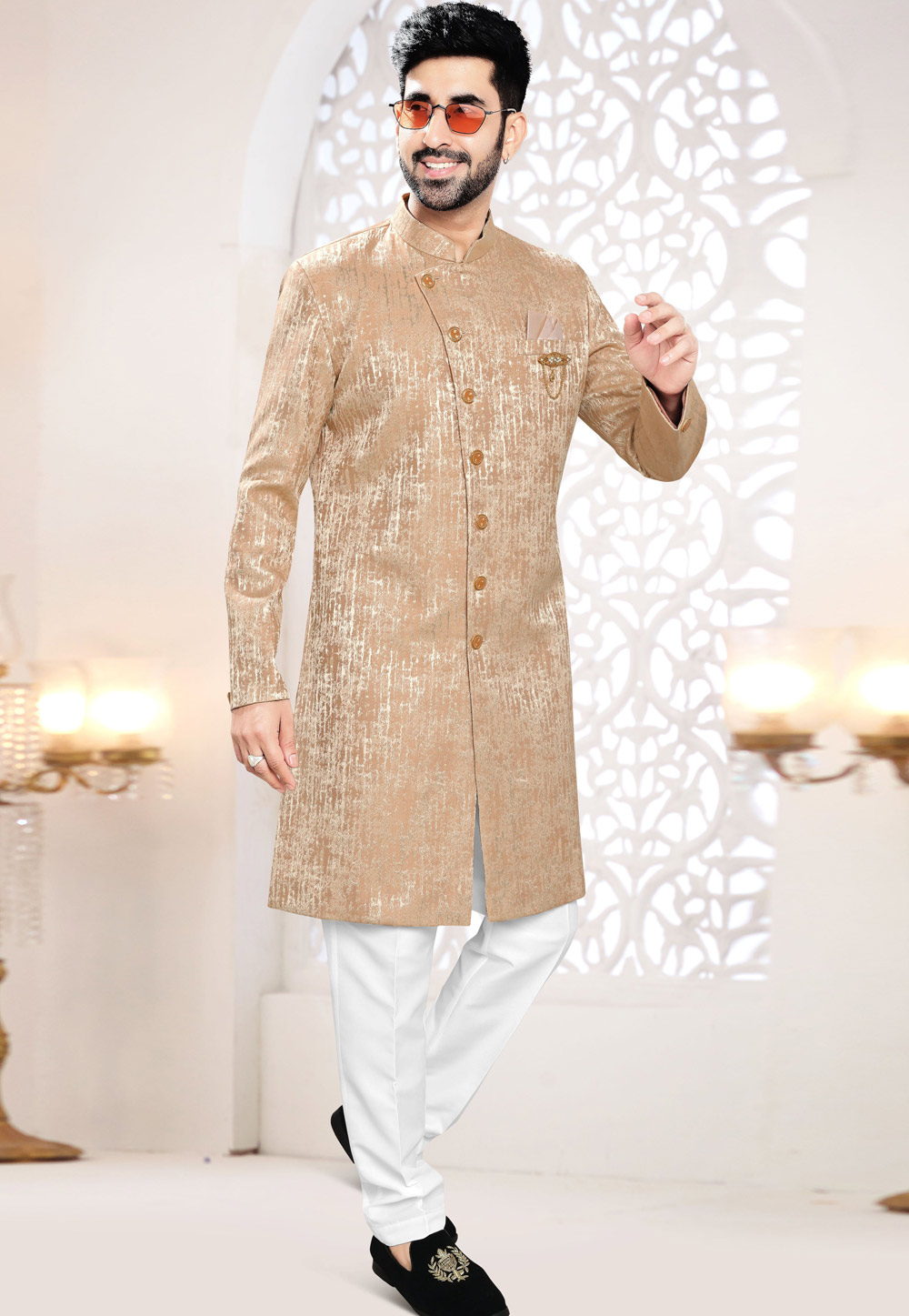 Peach Jacquard Indo Western Suit 306462