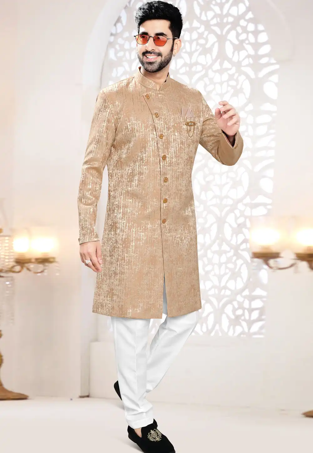 Peach Jacquard Indo Western Suit 306462