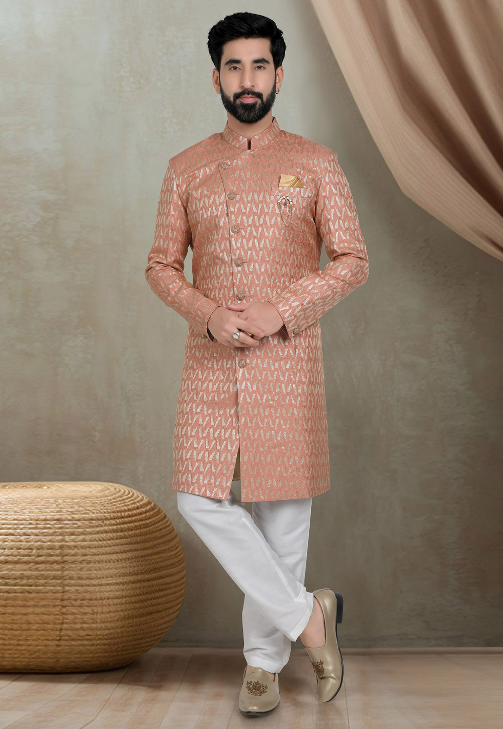 Peach Jacquard Indo Western Suit 311740