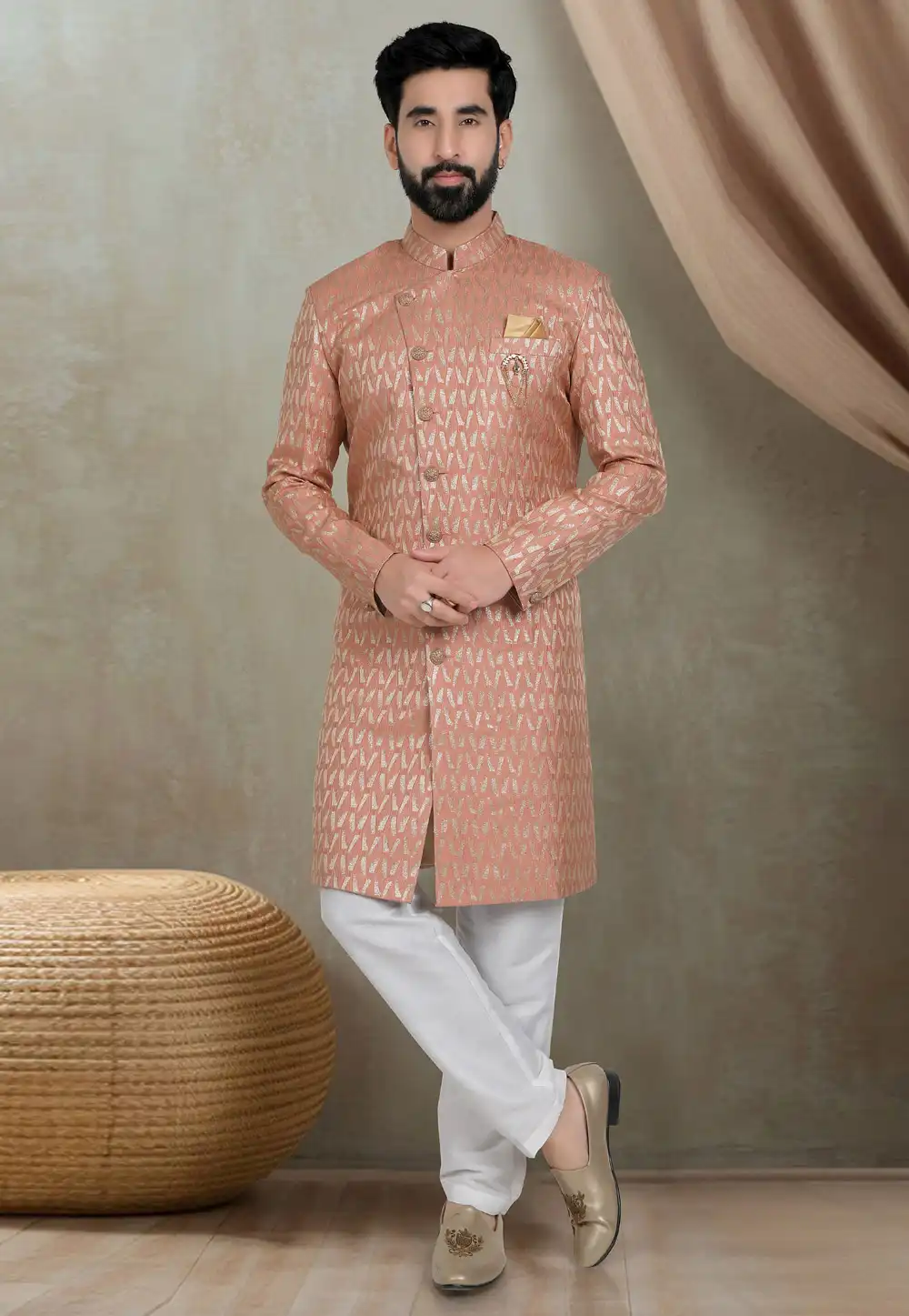 Peach Jacquard Indo Western Suit 311740