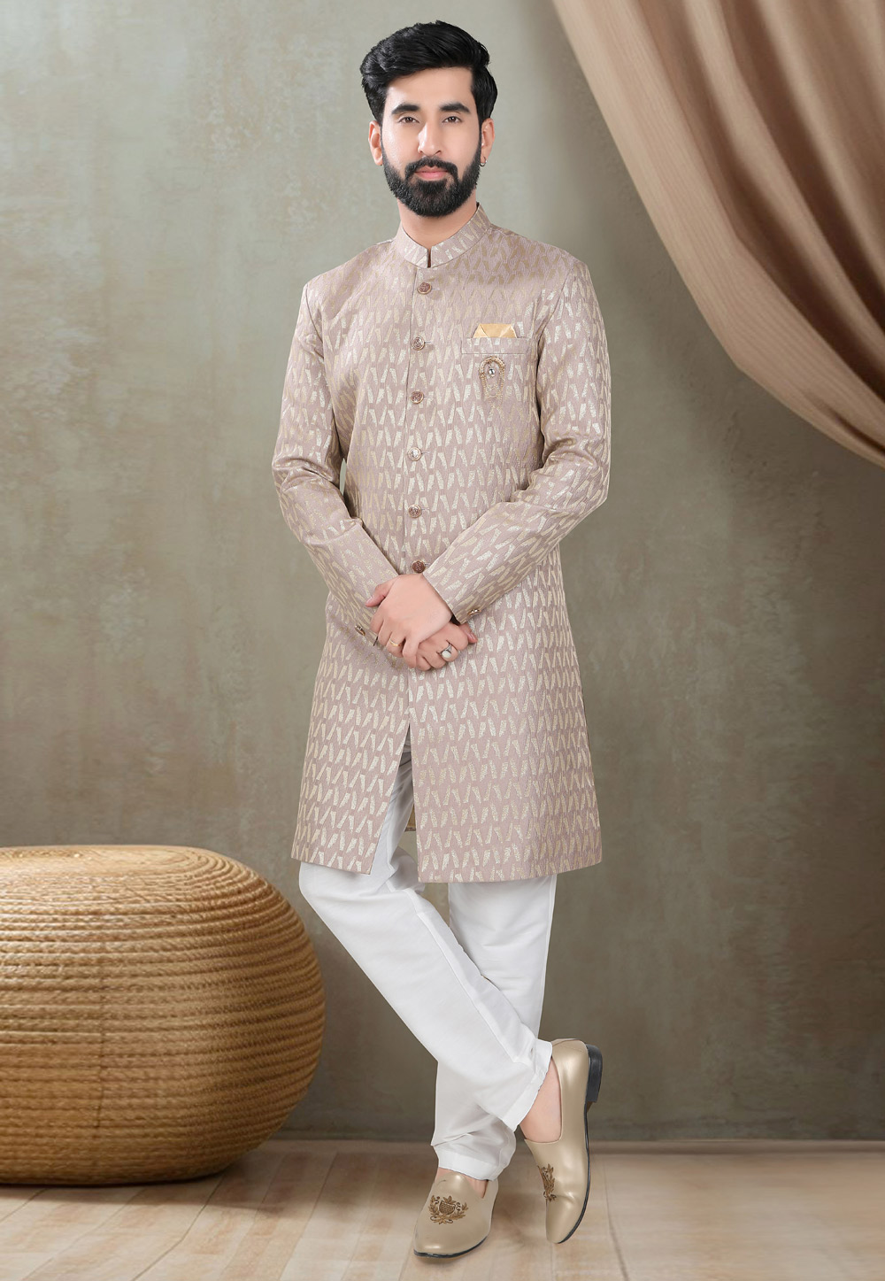 Peach Jacquard Indo Western Suit 311749