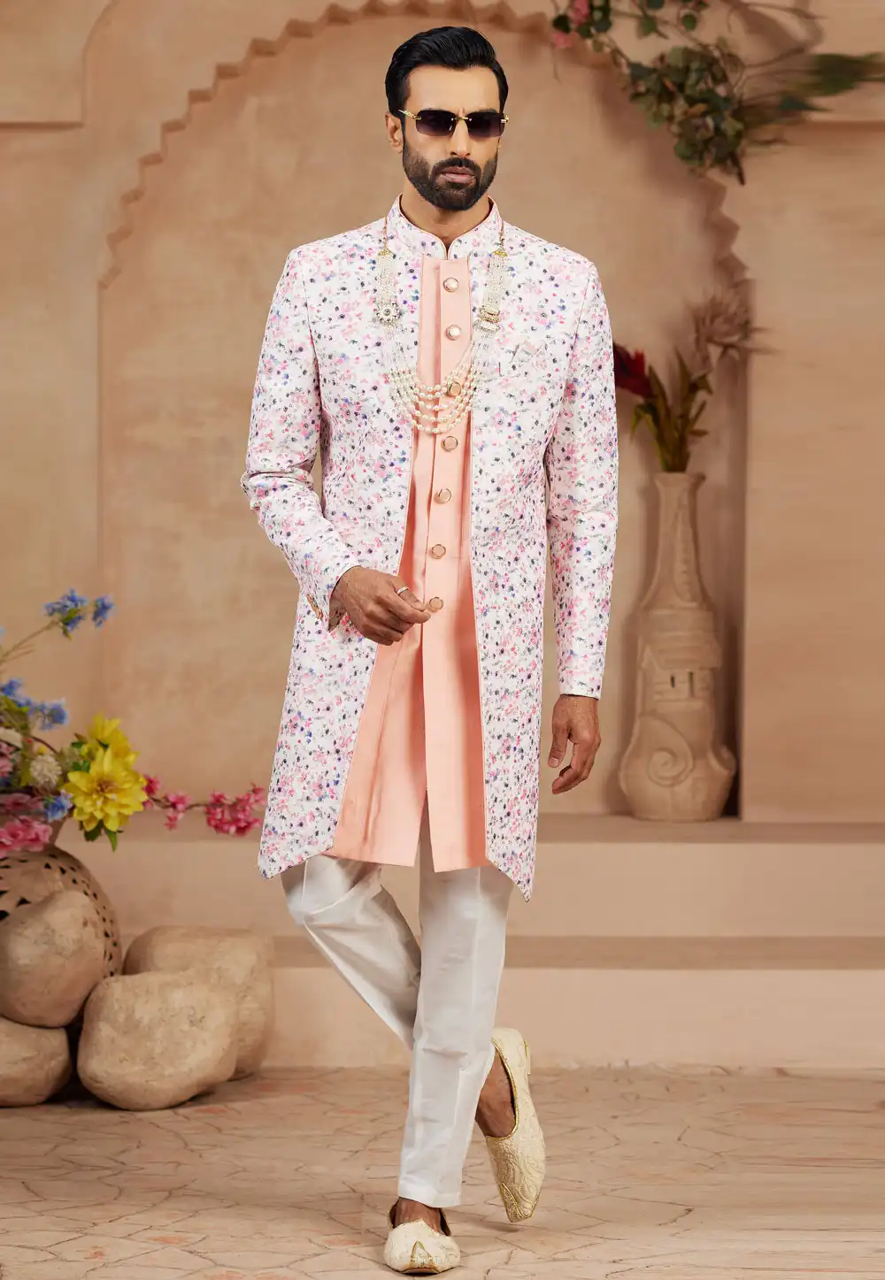 Peach Jacquard Jacket Style Sherwani 306722