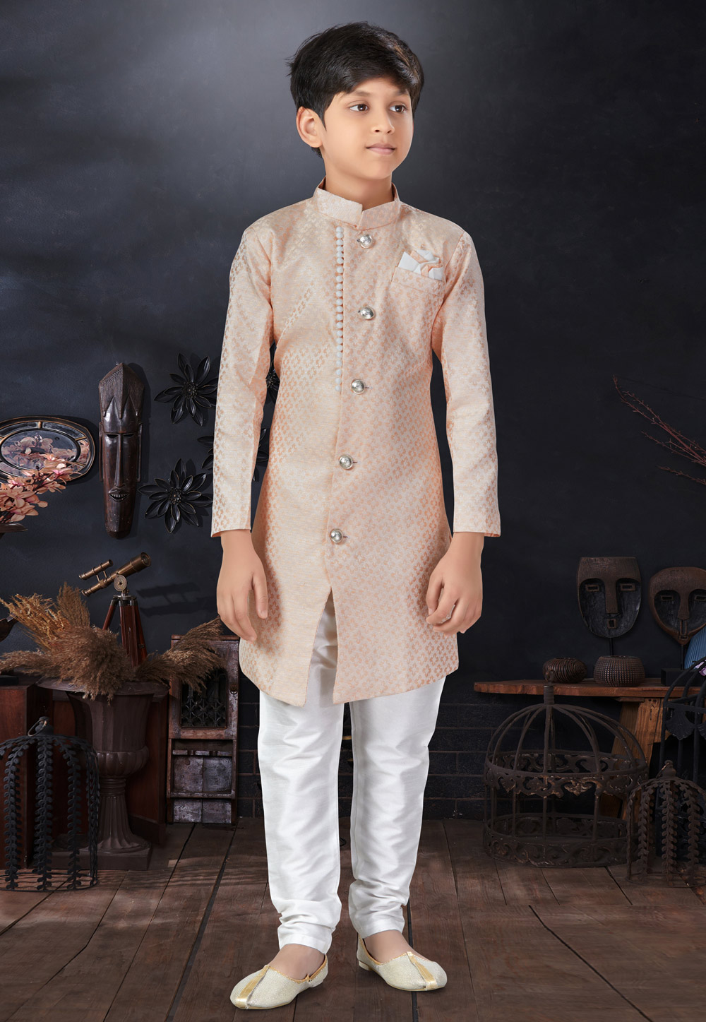 Peach Jacquard Kids Indo Western Sherwani 279097