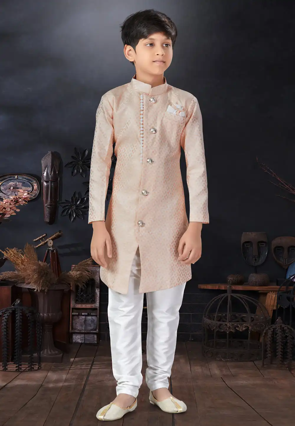 Peach Jacquard Kids Indo Western Sherwani 279097