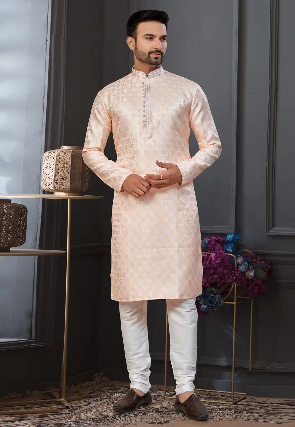 Peach Jacquard Kurta Pajama 322867