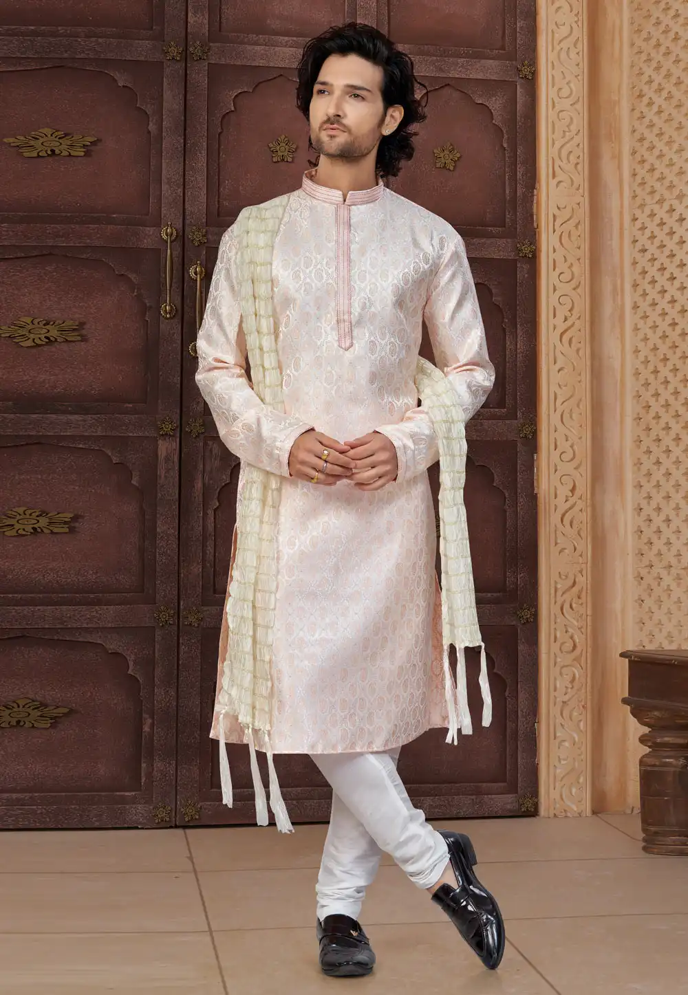 Peach Jacquard Kurta Pajama 322868