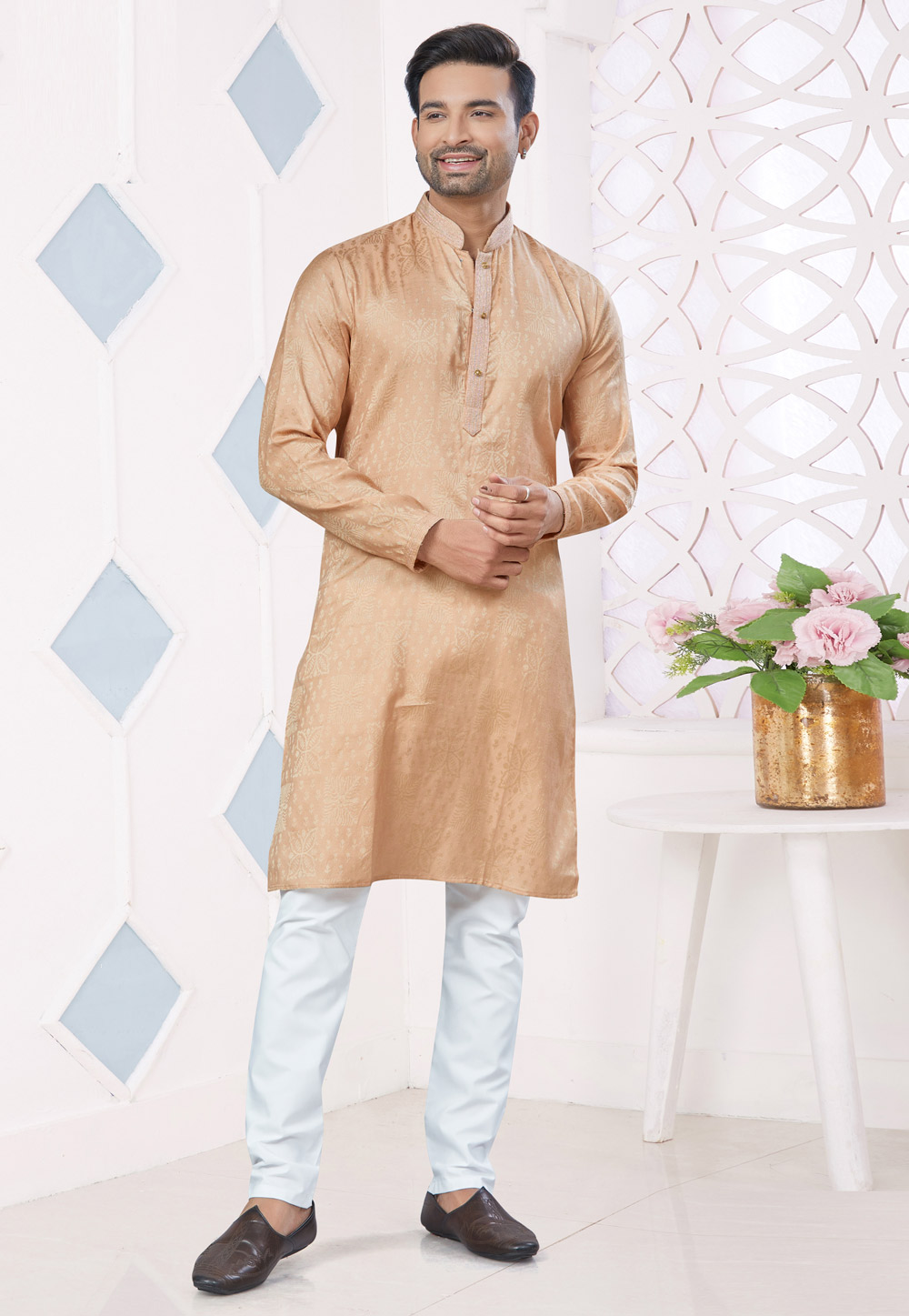 Peach Jacquard Kurta Pajama 306673