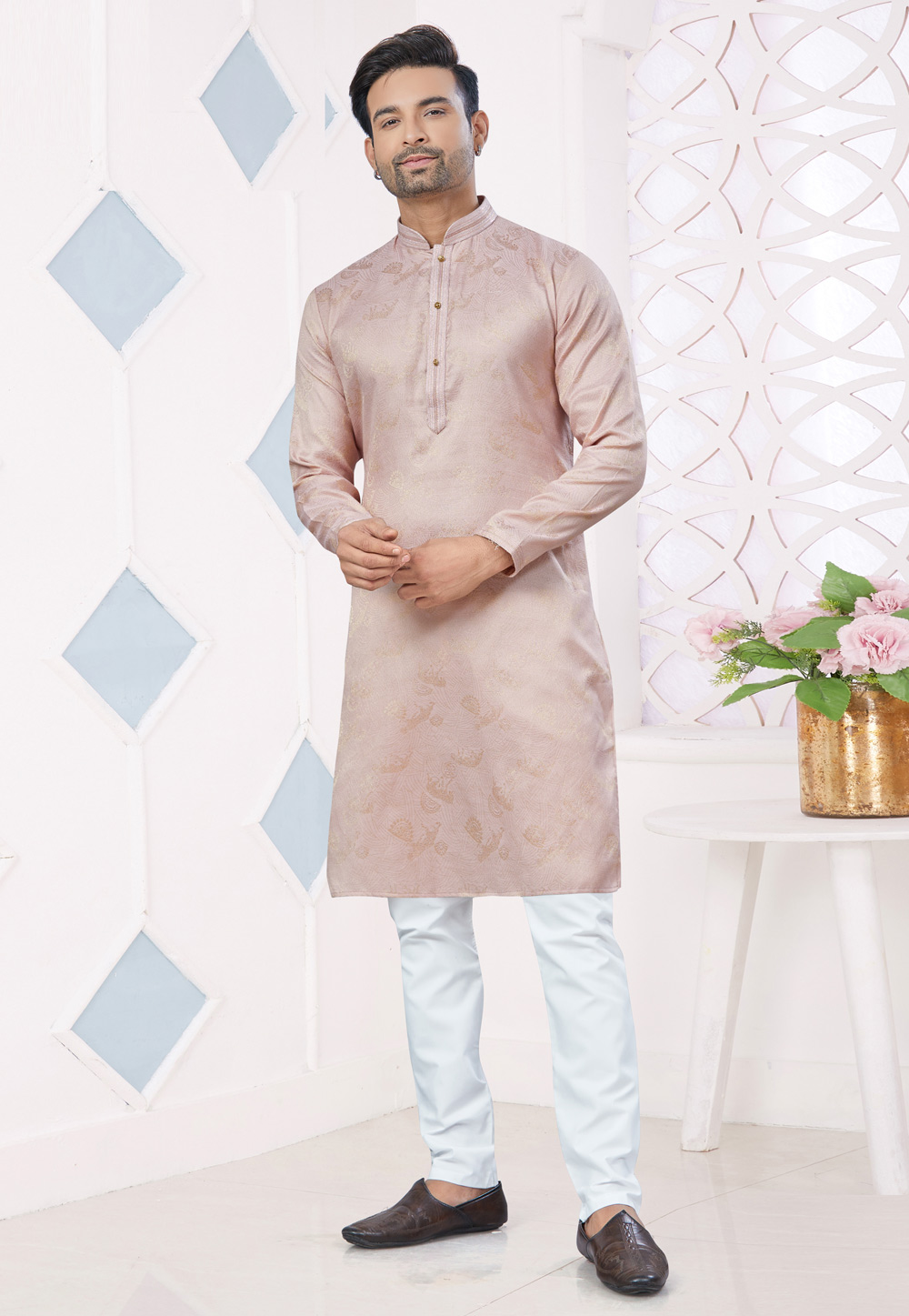 Peach Jacquard Kurta Pajama 306676