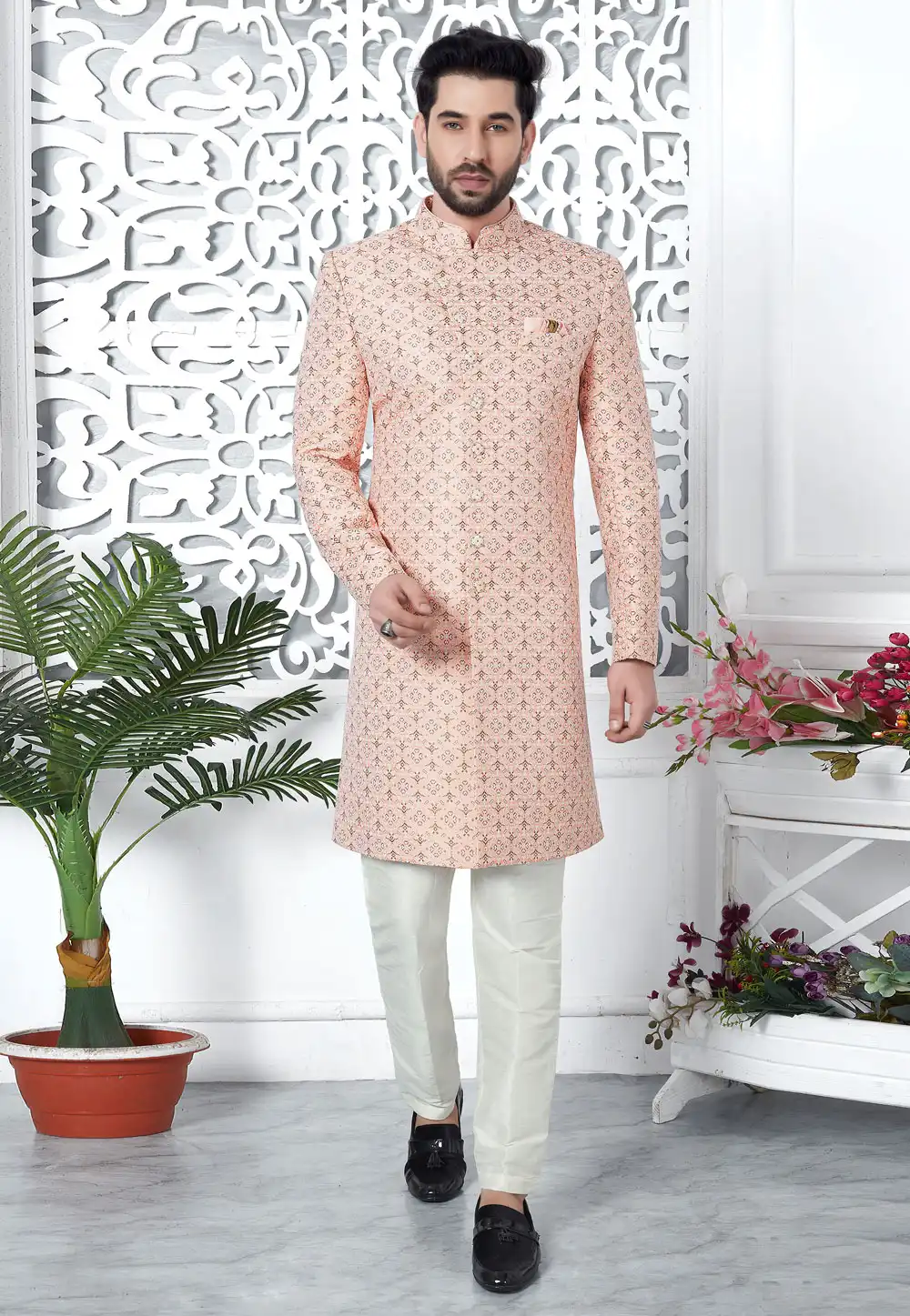 Peach Jacquard Silk Indo Western Suit 280159