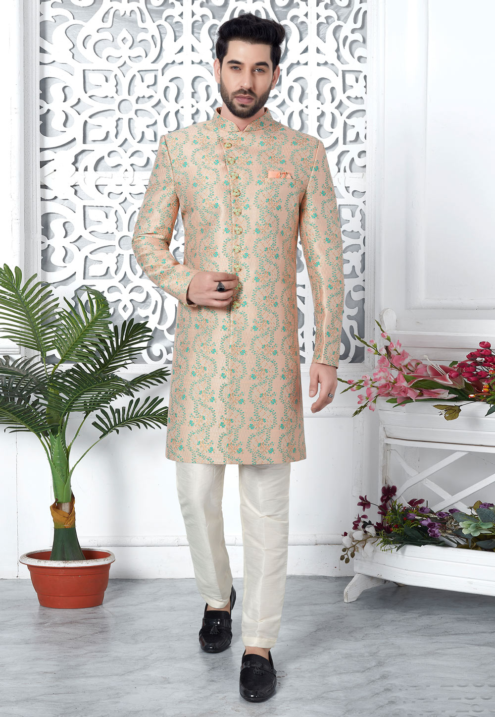 Peach Jacquard Silk Indo Western Suit 280165