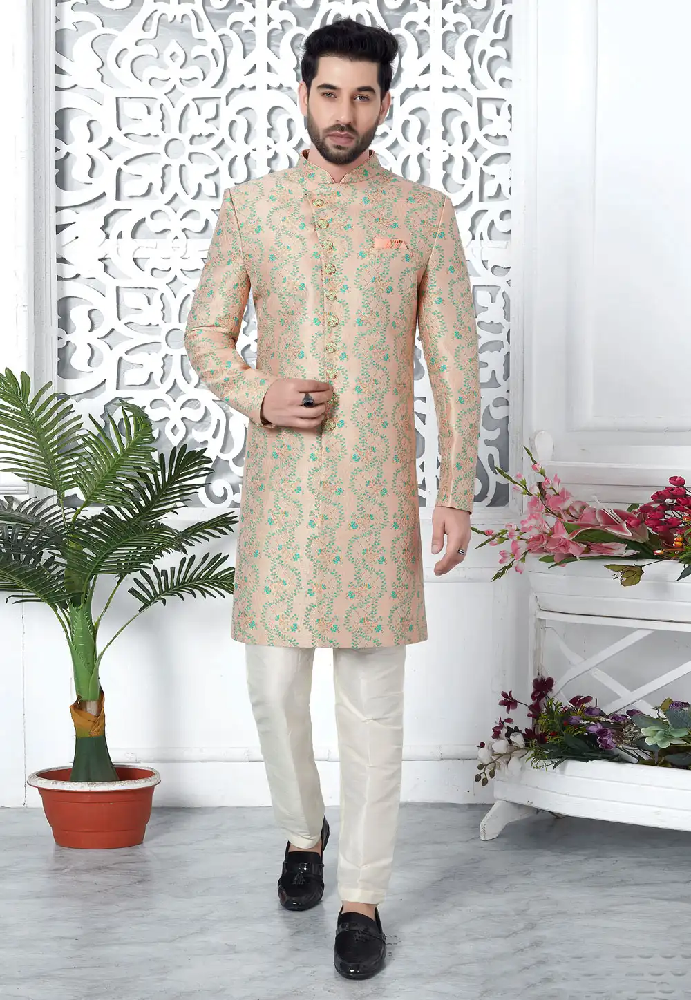 Peach Jacquard Silk Indo Western Suit 280165