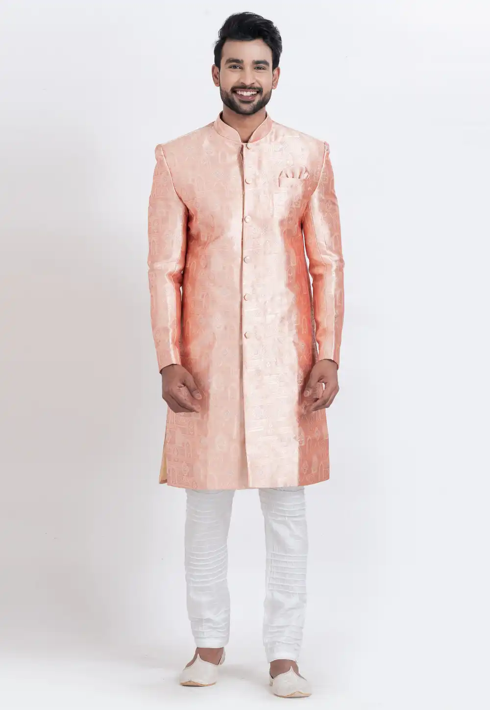 Peach Jacquard Silk Indo Western Suit 310267