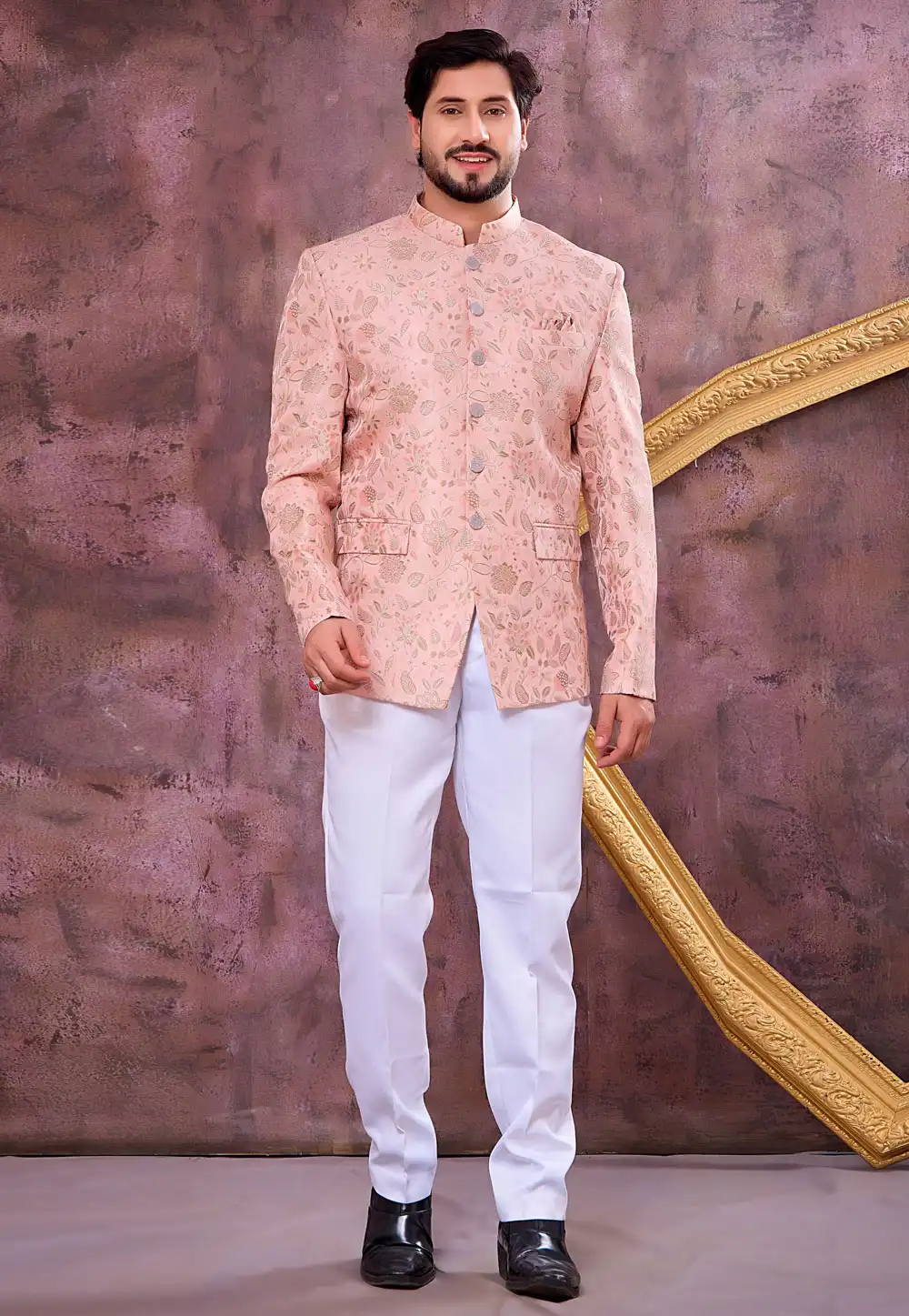 Peach Jacquard Silk Jodhpuri Suit 327084