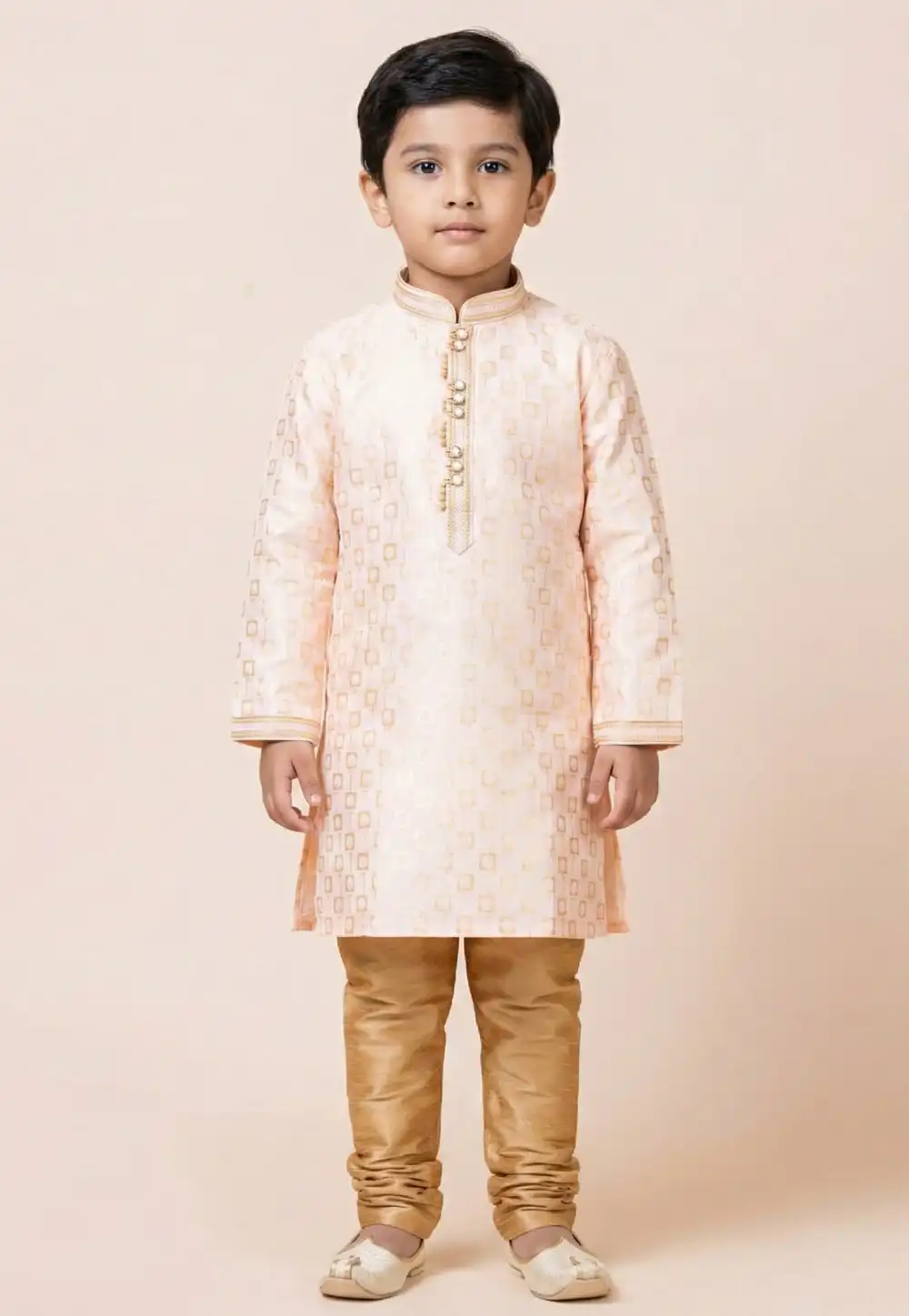 Peach Jacquard Silk Kids Kurta Pajama 322635
