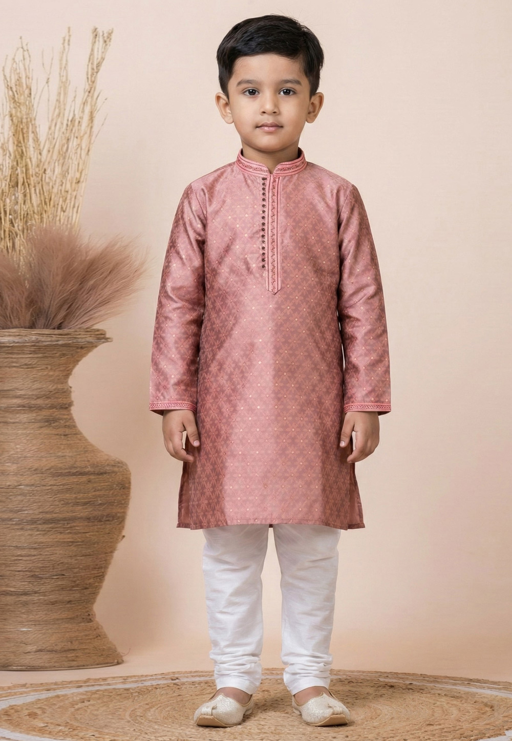 Peach Jacquard Silk Kids Kurta Pajama 322839