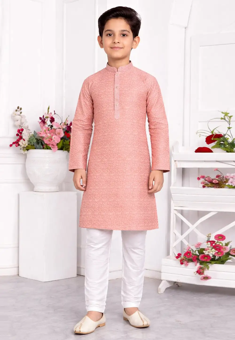 Peach Jacquard Silk Kids Kurta Pajama 330778
