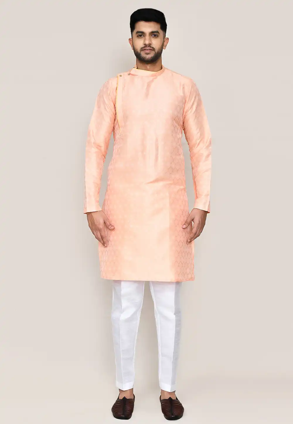 Peach Jacquard Silk Kurta Pajama 306081