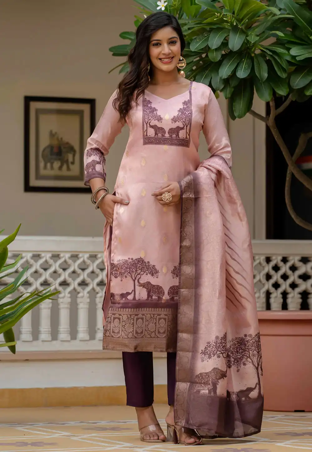 Peach Jacquard Silk Readymade Pakistani Suit 317997