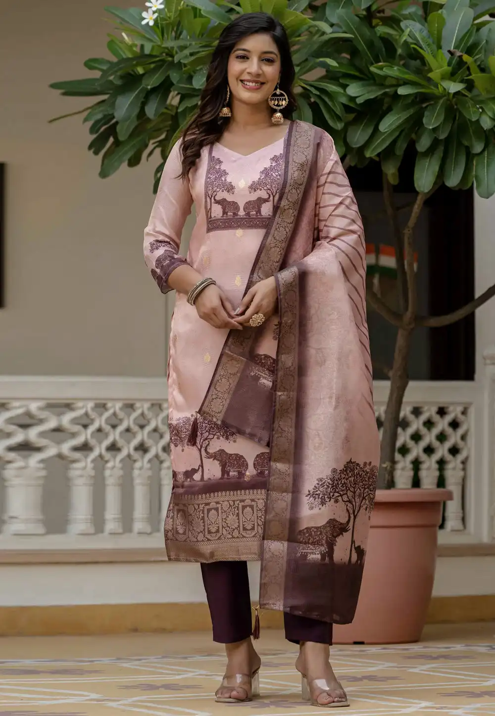 Peach Jacquard Silk Readymade Pakistani Suit 317057