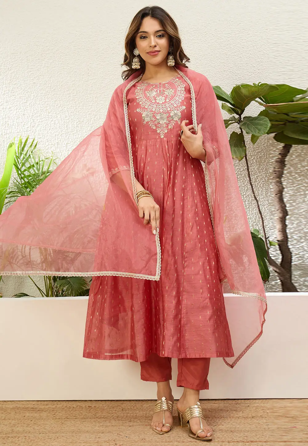 Peach Jacquard Silk Readymade Pant Style Suit 333779