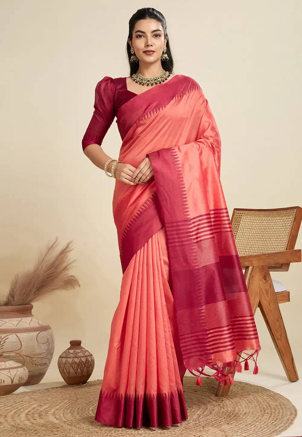 Peach Khadi Saree With Blouse 314073