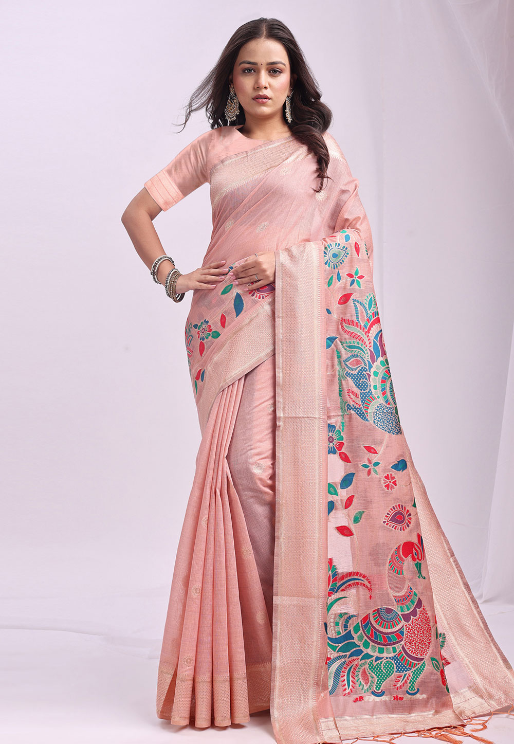 Peach Linen Saree With Blouse 312459
