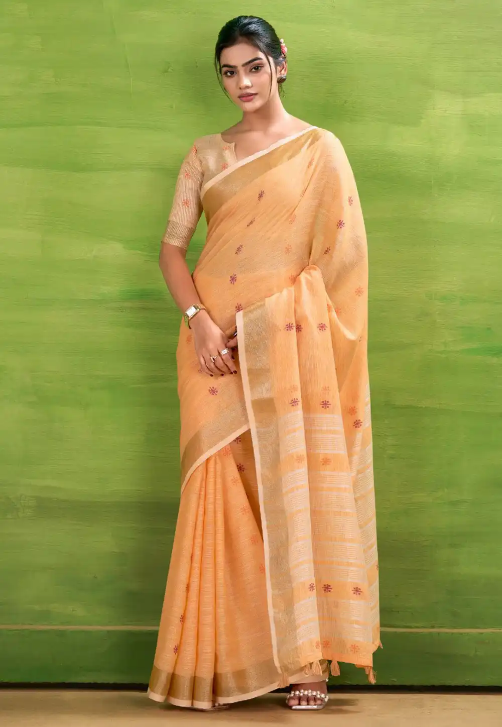 Peach Linen Saree With Blouse 315380