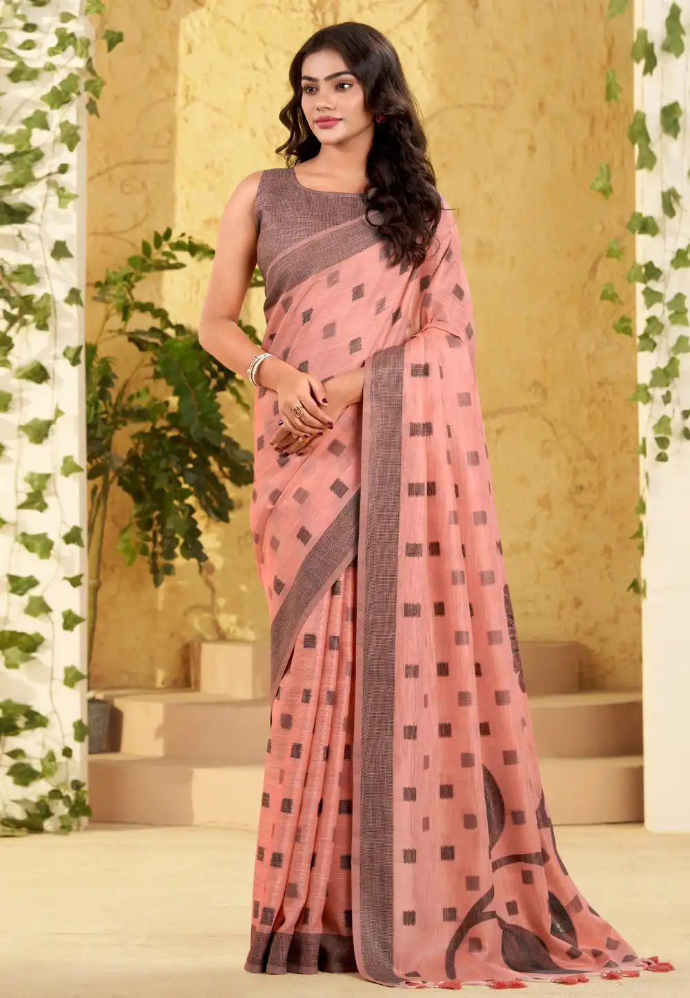 Peach Linen Saree With Blouse 321125