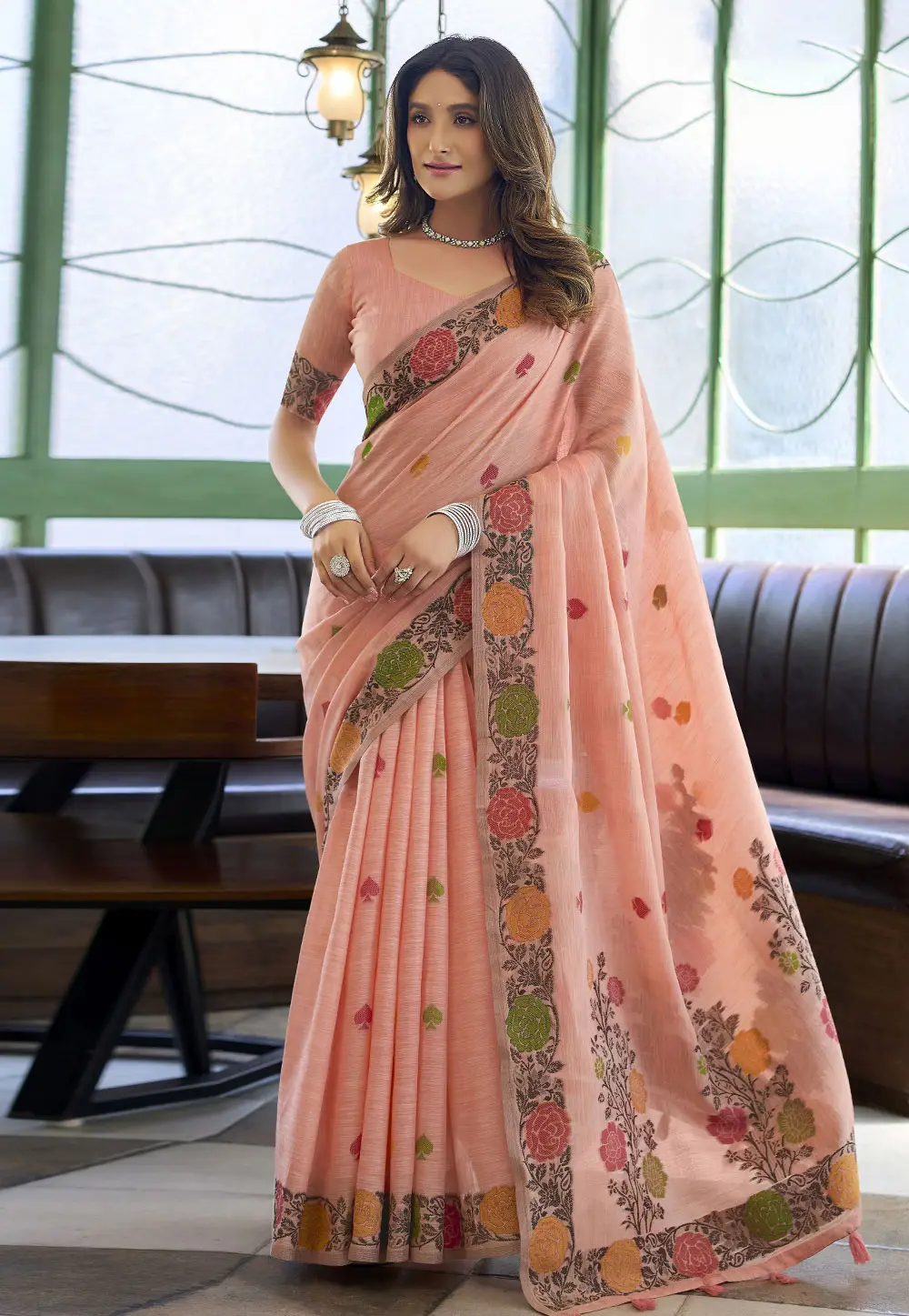 Peach Linen Saree With Blouse 336606