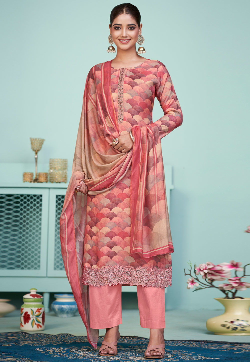 Peach Muslin Pant Style Suit 310968