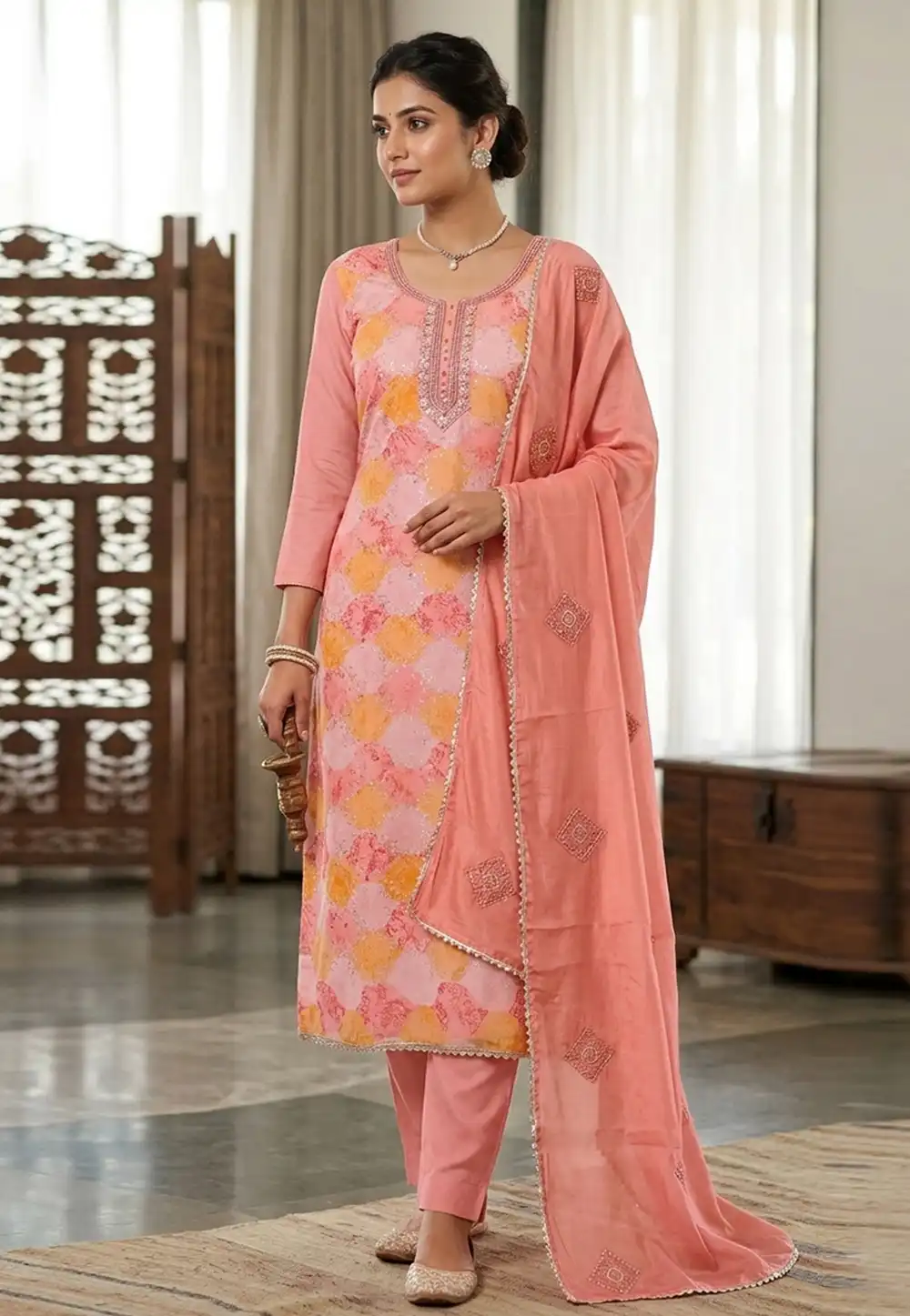 Peach Muslin Pant Style Suit 330598