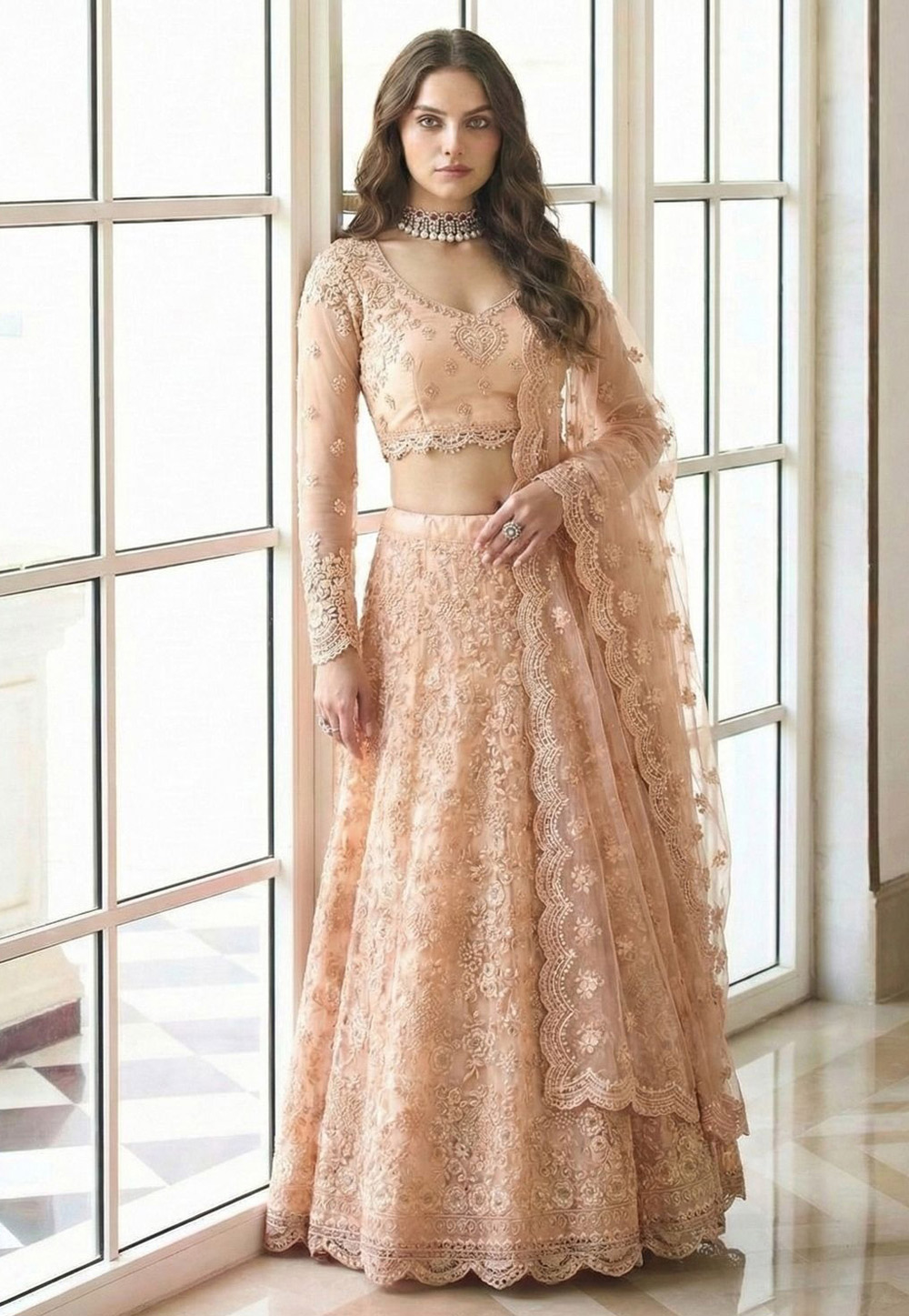 Peach Net A Line Lehenga Choli 322977