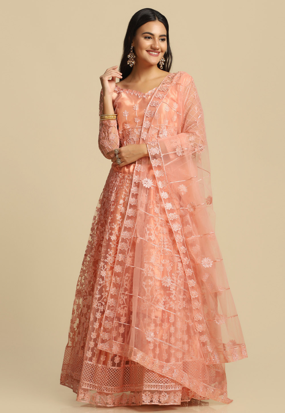 Peach Net A Line Lehenga Choli 287451